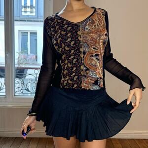 Vintage Italian Patchwork Mesh Top with Sheer Sleeves & Paisley Print (M)
